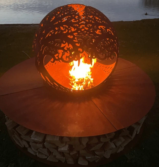Wood Burning Sphere Firebowl Of Corten Steel